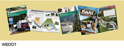 As part of the public information campaign for the I-90 Snoqualmie Pass East Project, WSDOT developed a series of reader-friendly materials including an informational brochure (left), an environmental brochure (center), and the 'Burl the Squirrel' activity book for children (right)