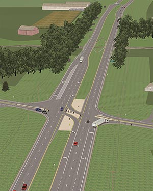 "A screen capture of a computer simulation of an intersection showing a birds-eye view of a two lanes of traffic flowing in both directions. Both lanes have left and right turn lanes and a central median divides the two. Vehicles, including cars and trucks, are shown traveling in both directions as well as entering and leaving the intersections. "