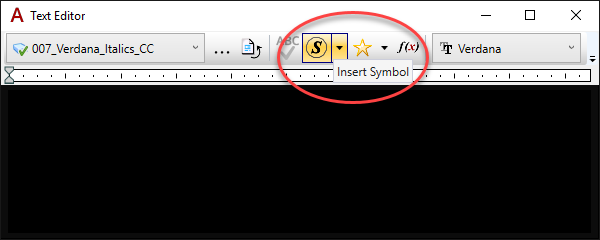 MicroStation Text Editor showing the symbol for Insert Symbol