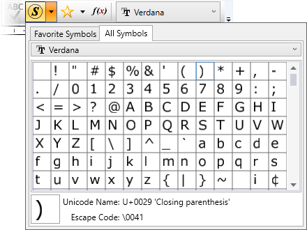 Symbols available in Verdana