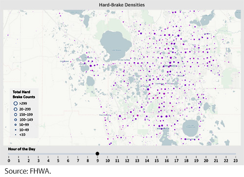 Florida map with dots each representing an area of four kilometers square with size scaled to the number of hard-brake events by hour. Larger density of hard-brake counts is clustered around Orlando, FL; Kissimmee, FL; Doctor Phillips, FL; Saint Cloud, FL; and Clermont, FL. Image Source: FHWA.