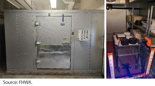 Side-by-side images of a temperature-controlled chamber, on left, and a ground penetrating radar machine and several testing samples that are stored inside the of the chamber, on the right. Image Source: FHWA.