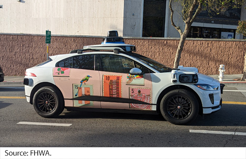 A highly automated car covered in LIDAR, camera, radar sensors, and artwork waits in traffic. Image Source: FHWA.