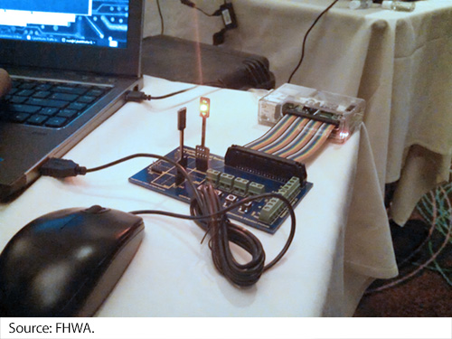 A motherboard-style piece of hardware is attached to a second piece of hardware by a flexible, rainbow-colored band. The second piece of hardware is connected to a laptop that is running data. A light on the motherboard hardware is illuminated. Image Source: FHWA