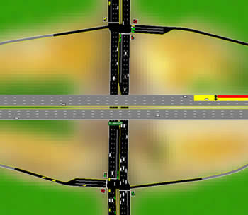 A CORSIM snapshot of a diamond interchange with signals at the ramp