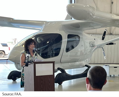 A woman speaks to a sitting audience from a podium in an airplane hangar with an electric vertical take-off and landing aircraft in the background. Image Source: FAA.