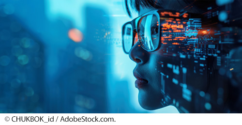 A young woman with glasses gazes into the distance of a futuristic background. Image Source: © CHUKBOK_id / AdobeStock.com.