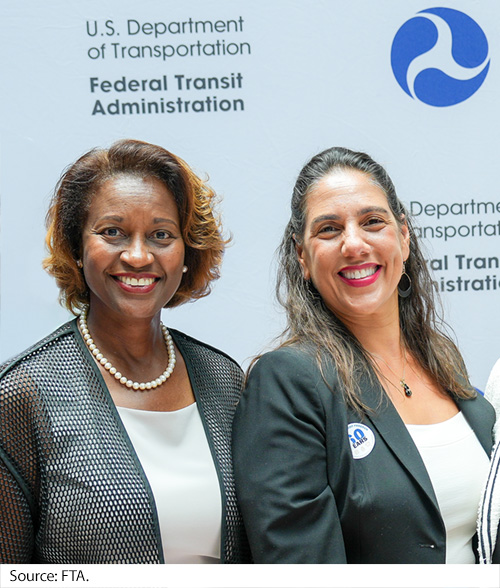 08_PR_WIN25_FTA-Profiles5.jpg Alt Text 5: Two females in business attire in front of a backdrop with the USDOT and FTA logo. Image Source: FTA.