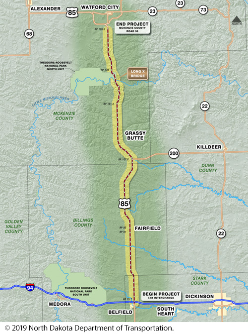 Map of US 85 project study area from the start of the project in Belfield, ND ending in Watford City, ND. Image Source: © 2019 North Dakota Department of Transportation.