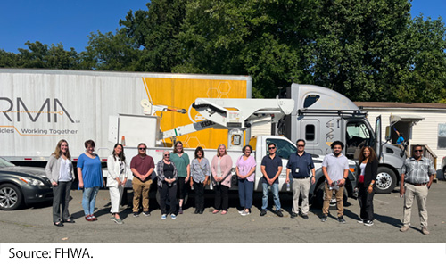 People standing in front of an electric semitruck. Image Source: FHWA.