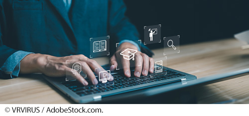 A person types on a laptop, where icons for management, studying, videos, teaching, searching, planning, and graduating are floating above as options. Image: © VRVIRUS / AdobeStock.com.