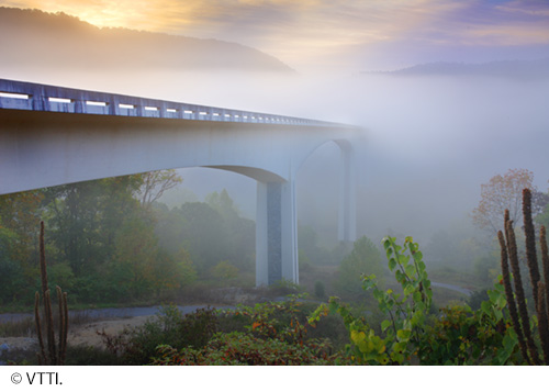 A concrete bridge recedes into the foggy distance among trees and other vegetation. Image © VTTI.