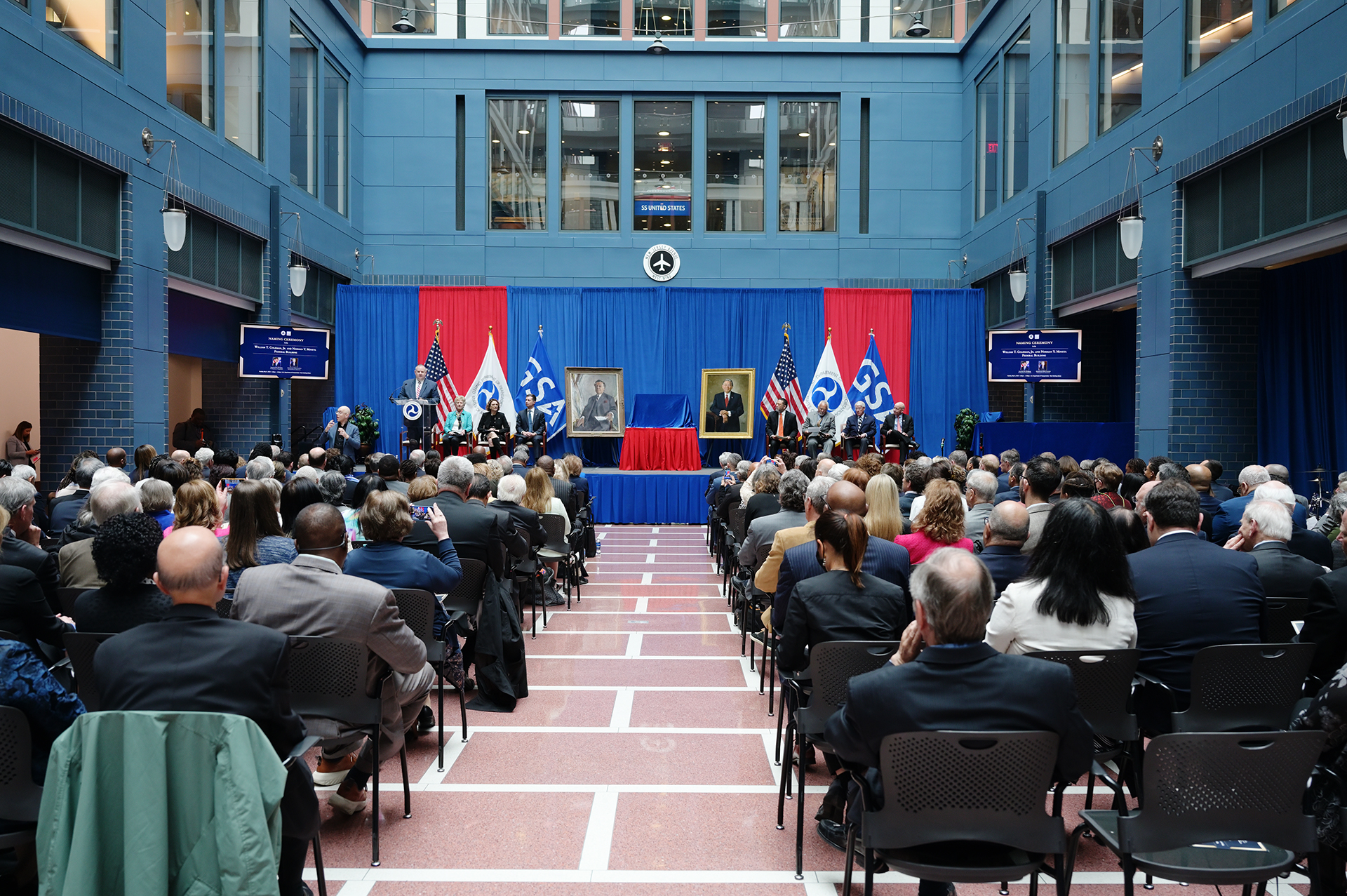 The stage in the atrium of the East Headquarters Building for the naming ceremony