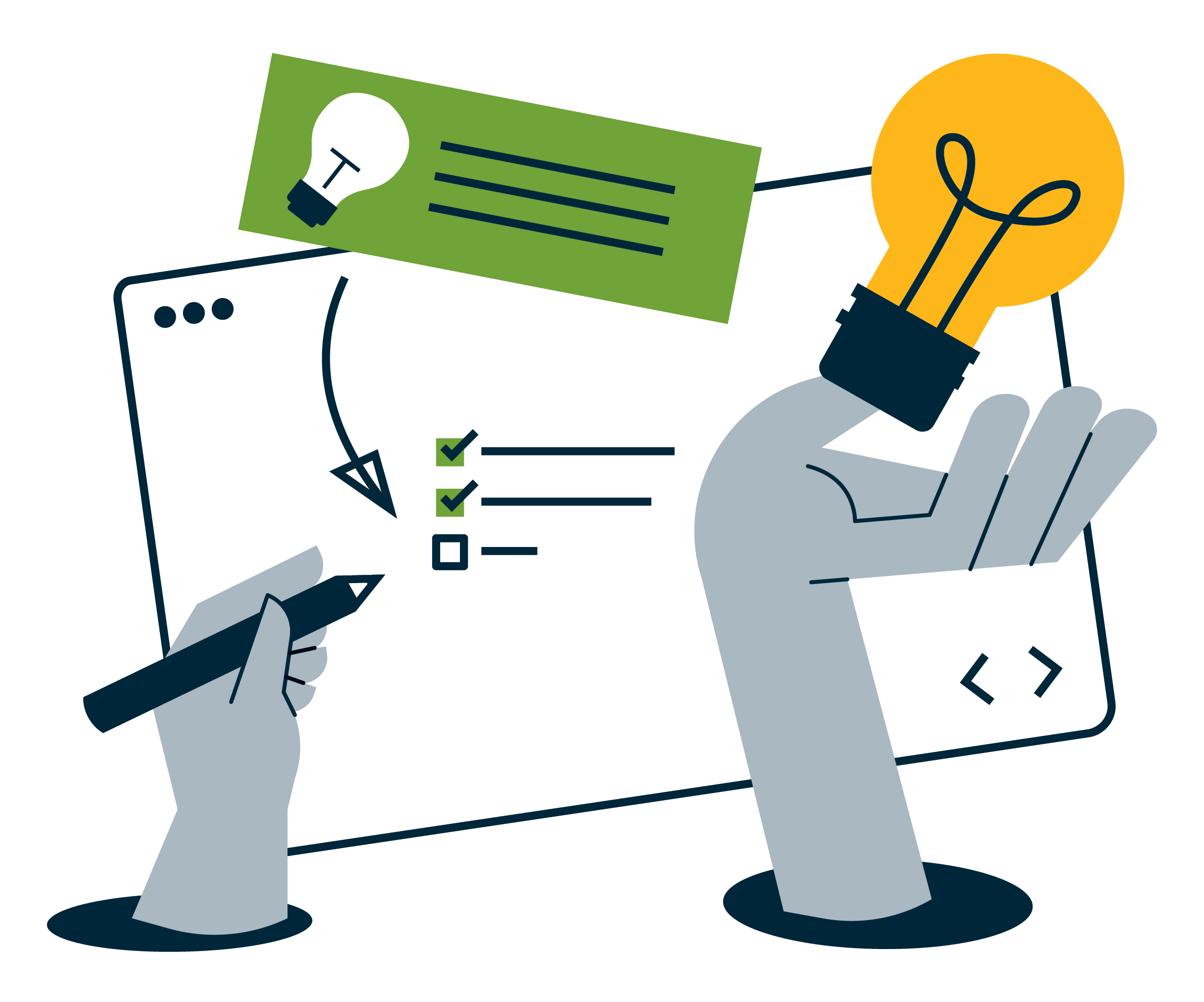 An icon of a hand holding a pencil and a hand holding a lightbulb in front of a screen with a checklist.