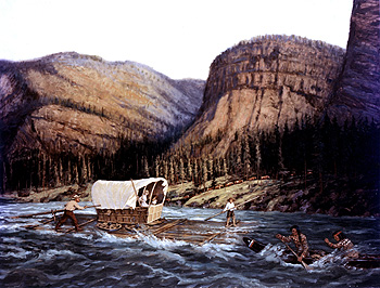 Even though early toll bridges could be expensive, circumstances sometimes made them the best choice. In Carl Rakeman's 1843-Oregon Trail, settlers navigate a river on a raft that's also carrying their wagon.