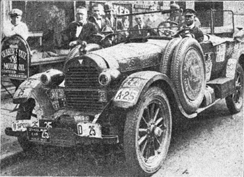 Charles H. Davis (left) standing beside his Hudson. The Hudson was decorated with the Number 25 License Plate from all the States and U.S. jurisdictions. Photograph, courtesy of Richard Weingroff. Photo, circa 1920s .