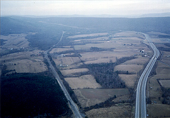 A bird's-eye view of today's Pennylvania Turnpike and the stretch of old Turnpike