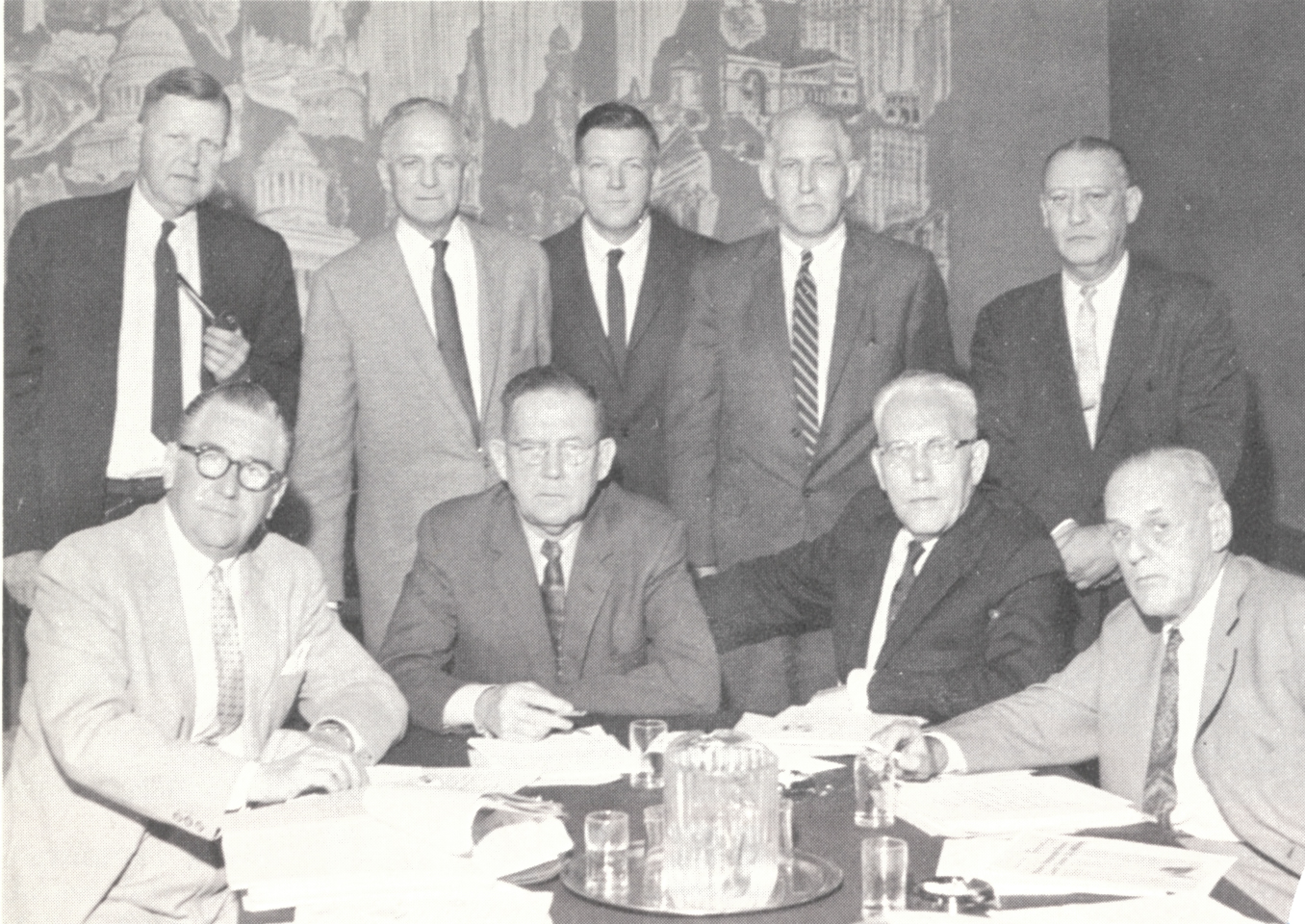 In mid-1960, the Executive Committee of ARBA's Engineering Division met at the Statler Hilton Hotel in Washington. Former Commissioner Francis V. du Pont is seated, far right. [Source: American Road Builder, August 1960]