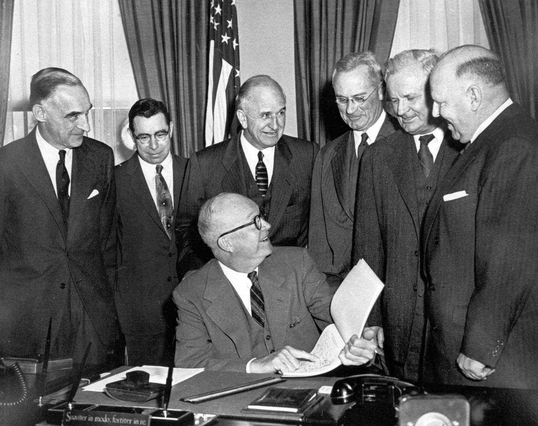 Left to right are General Lucius D. Clay, Francis C. Turner of the BPR, Steve Betchel of Bechtel Corporation, Sloan Colt of Bankers' Trust Company, Bill Roberts of Allis-Chalmers Manufacturing Company, and Dave Beck of the International Brotherhood of Teamsters.