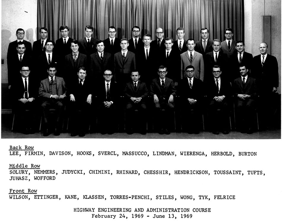 Tony Kane (front row, third from left) graduated from the Highway Engineering and Administration Court in 1969. Directly behind him (second row, third from left) is Dennis C. "Denny" Judycki, who would be Tony's friend throughout his life.