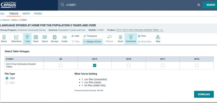 This example displays the ACS 5-Year Estimates Detailed Tables with only 2019 checked off. The options of 1 Geo, +/- Margin of Error, and Download are highlighted.