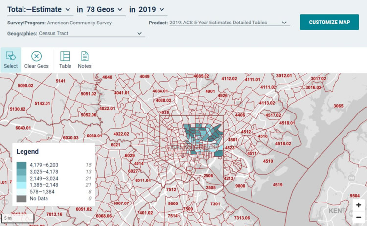 Tract numbers and boundaries are displayed in red on the zoomed in map of Maryland. A small section of tracts are colored in according to the legend.