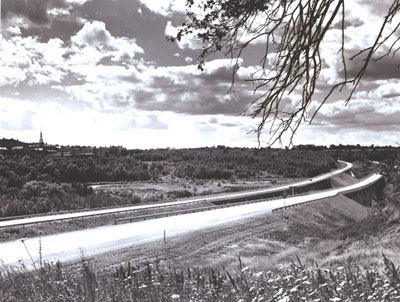 Maine - Interstate Route 95 crosses Messalonskee Stream on twin bridges in Waterville, Maine, as it sweeps past Colby College.