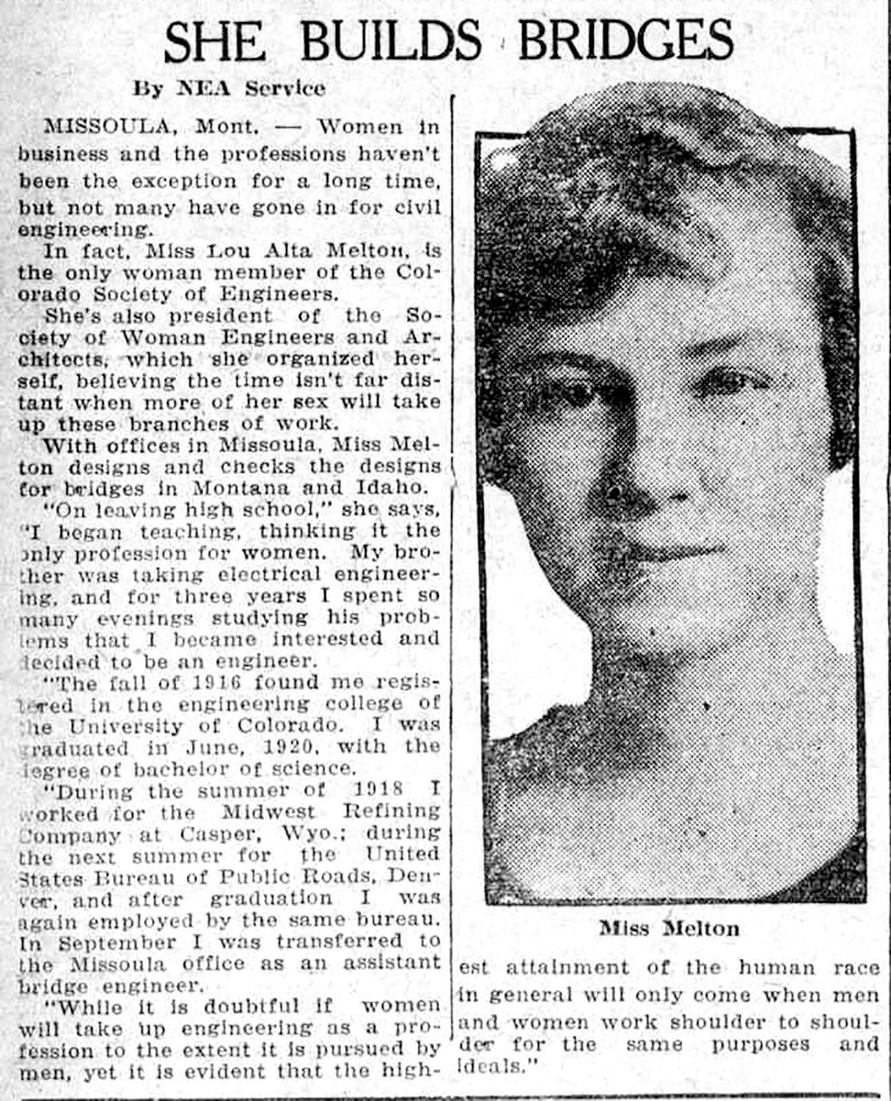 Newspaper clipping outlining Lou Alta Melton's choice to be a civil engineer