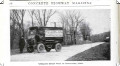 In 1915, Ohio was aggressive in building concrete pavements along the National Old Trails Road, as shown in this photo, taken west of Zanesville, showing a U.S. Mail truck on the road.