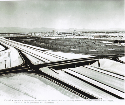 Nevada - Tropicana interchange on Interstate 15 looking northeast toward downtown Las Vegas. Old U.S. 91 is parallel to Interstate 15.