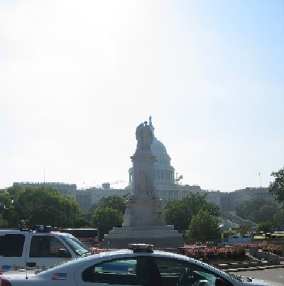 In the center of a small traffic circle is a statue honoring the U.S. Navy for its role in the American Civil War.