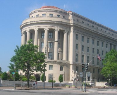 The Federal Trade Commission is shown on the south side of Pennsylvania Avenue between 6th and 7th Streets. The statue alongside the building symbolizes humanity harnessing trade.