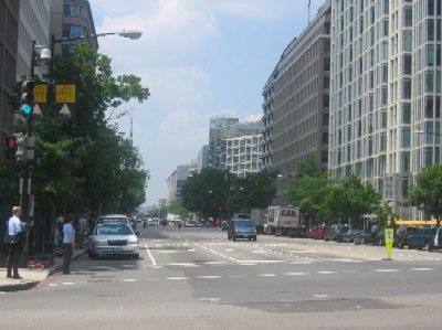 Beyond the Renwick Gallery, ceremonial Pennsylvania Avenue comes to an end. The avenue becomes a major city street, lined by offices and commercial properties.