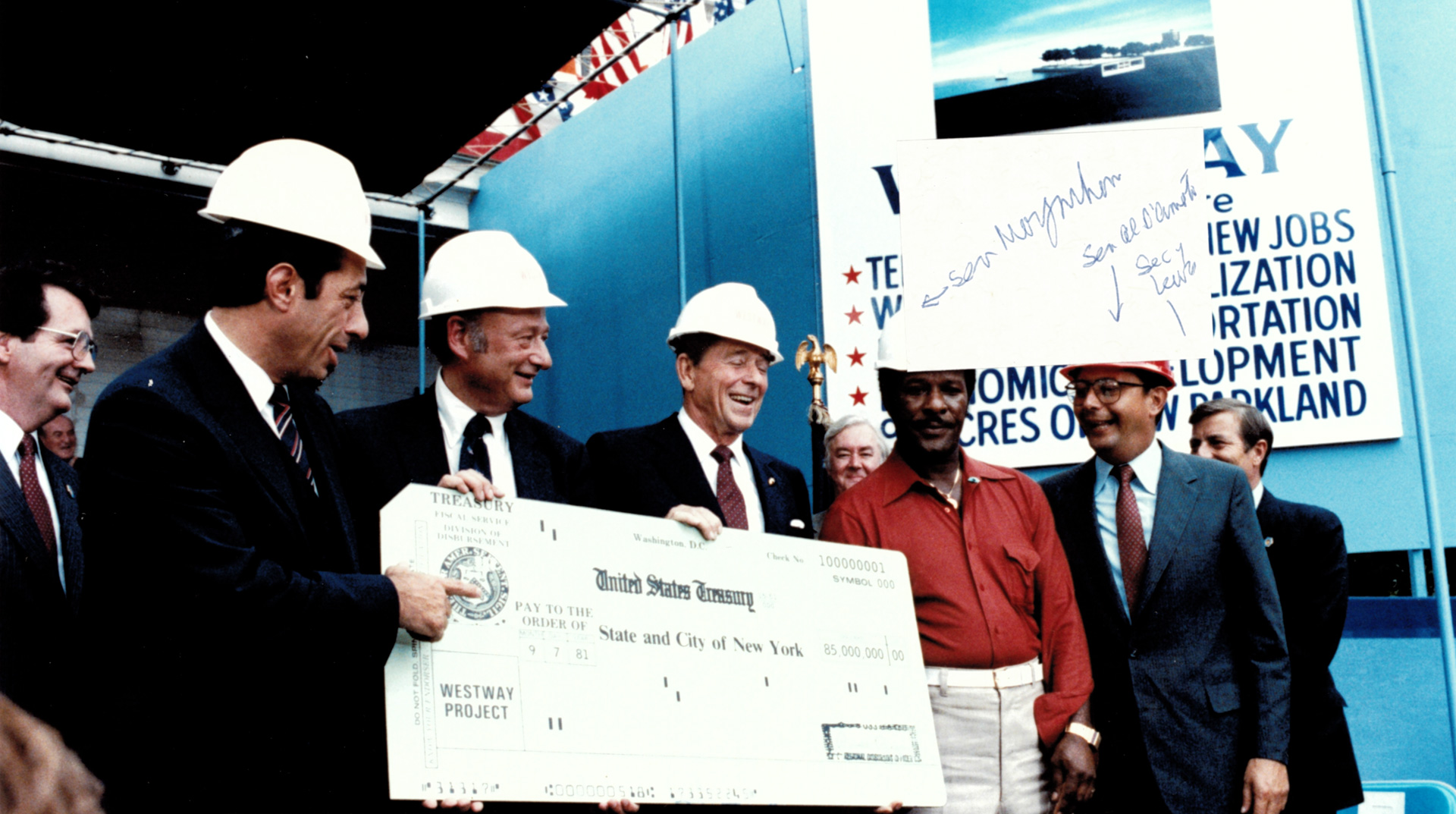 To develop Westway, Governor Nelson A. Rockefeller and Mayor John V. Lindsay selected Lowell K. Bridwell, who headed System Design Concepts of Columbia, Maryland, as executive director. Bridwell was a former Federal Highway Administrator (1967-1969) and would become Maryland's Secretary of Transportation (1981-1984). During his time as Westway's executive director, he returned to FHWA for a reunion on November 18, 1977, of former Federal Highway Administrators hosted by current Administrator William M. Cox. Left to right: Norbert T. Tiemann (1973-1977), John A. Volpe (Administrator (1956-1957) and Secretary of Transportation (1969-1973)), Mr. Cox (1977-1978), Secretary of Transportation Brock Adams (1977-1979), Francis C. "Frank" Turner (1969-1972), and Bridwell (1967-1969).