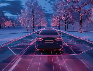 A night landscape of vehicle driving on a snowy road.