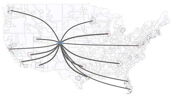 Map of the United States showing the top 14 air passenger origins destinated to the Denver metropolitan zone. Source: FHWA