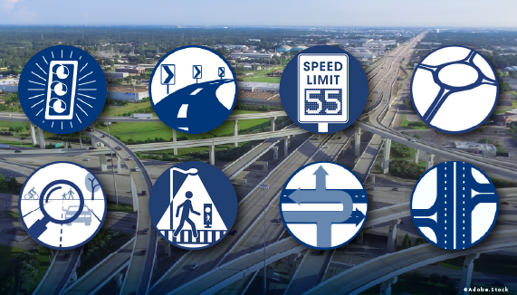 eight graphic icons representing various proven safety countermeasures superimposed on an aerial photo of a highway interchange